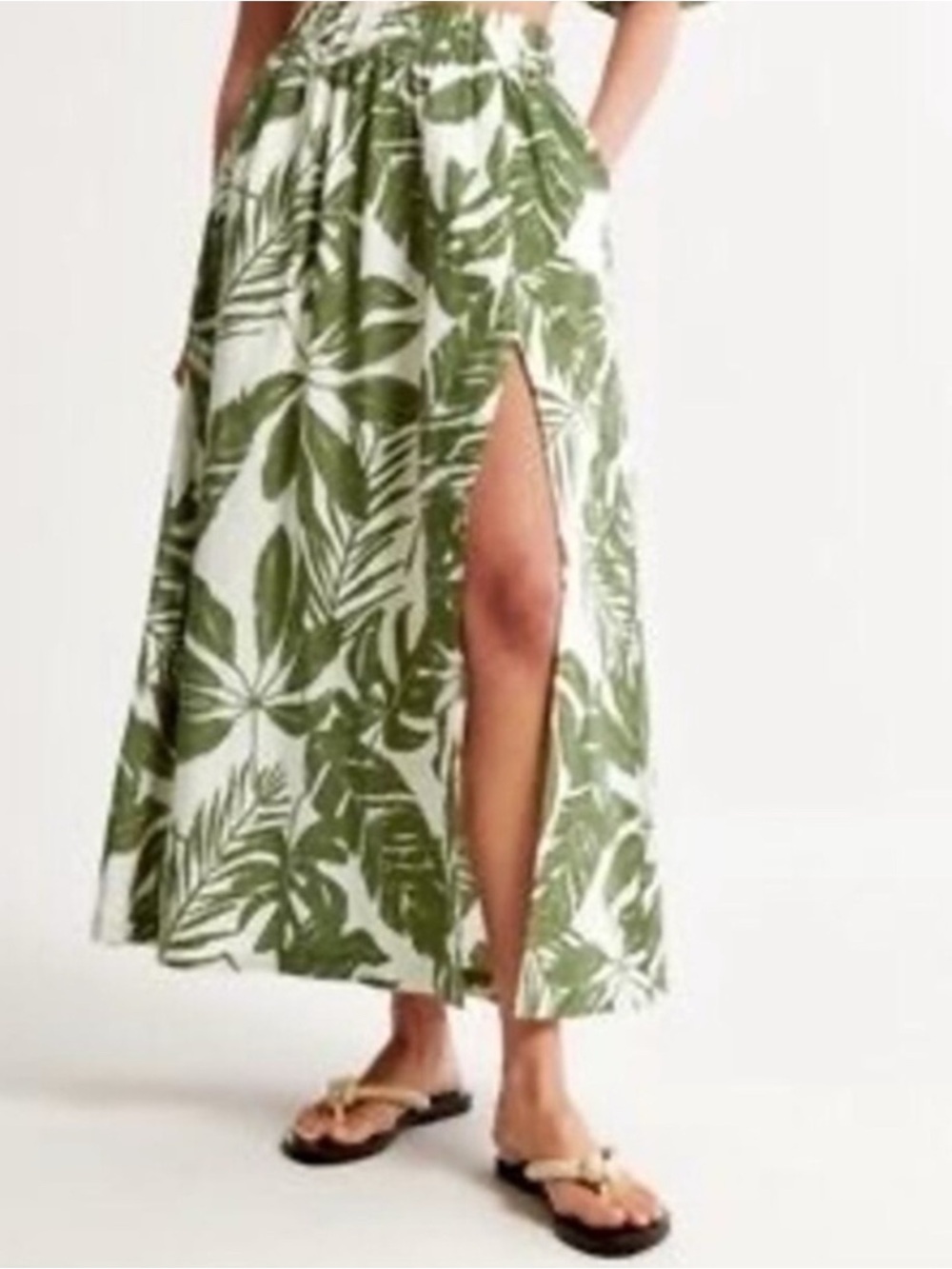 Abercrombie & Fitch Tropical Green Leaf Midi Skirt with Side Slit